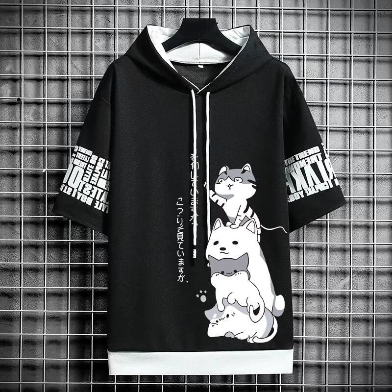 Men's Harajuku Streetwear Hoodies, Summer Cartoon Print Short Sleeve Sweatshirts, Casual Hooded Top, Japan Fashion Men's Clothing