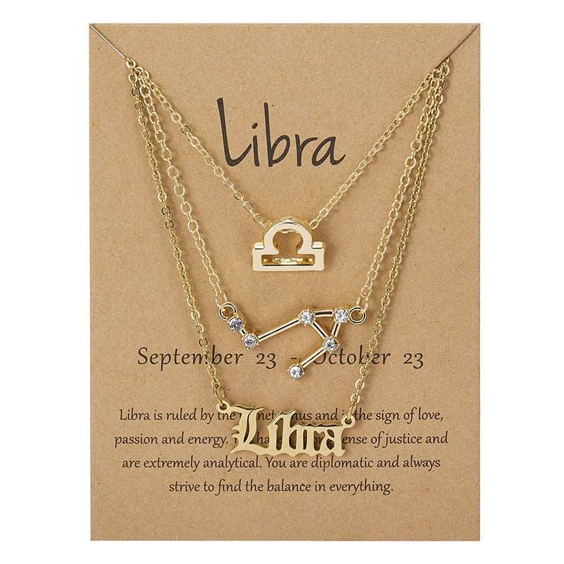 3Pcs/set 12 Zodiac Sign Multi Chain Necklaces For Women with Pendant Chain Choker