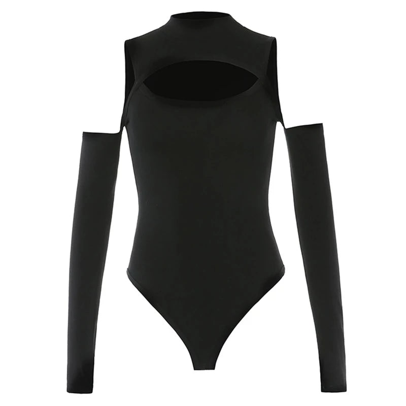Women's Sexy Hollow Bodysuit 2024 Long Sleeved Off-shoulder Tops Solid Color Fashion Half High Collar Jumpsuit Bottoming Clothes