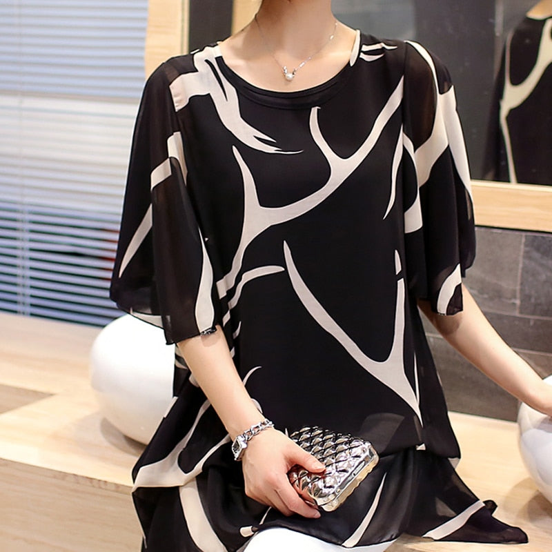 Short Sleeve Summer Tops Print Chiffon Blouse Shirt extra large size available