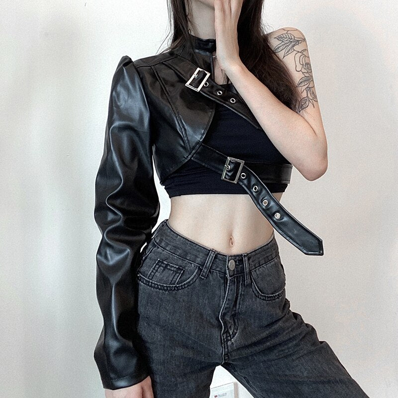 Hip Hop Fashion PU Leather Jacket Women Metal Buttons One shoulder Sexy Punk Streetwear Halter Crop Top Goth Techwear