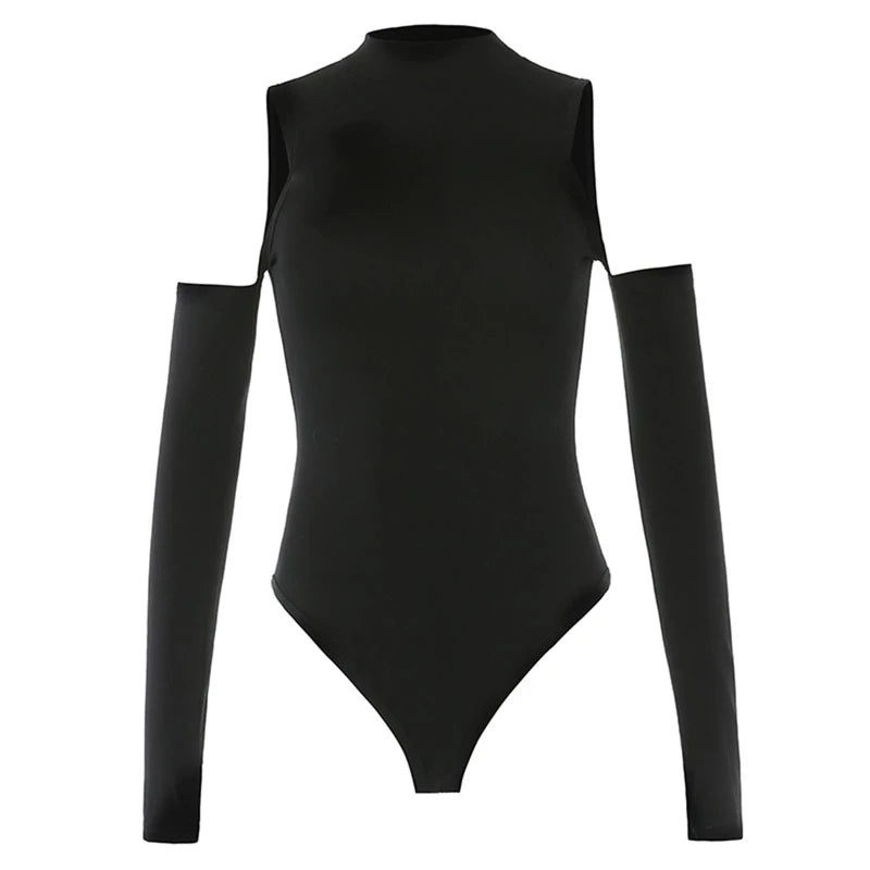 Women's Sexy Hollow Bodysuit 2024 Long Sleeved Off-shoulder Tops Solid Color Fashion Half High Collar Jumpsuit Bottoming Clothes