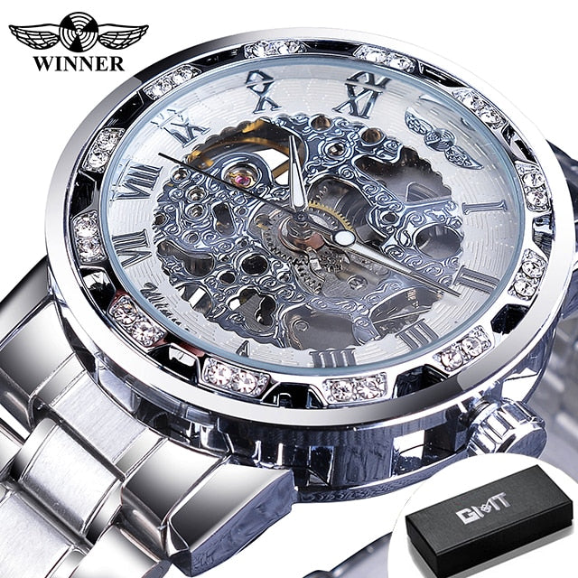 Winner Transparent Fashion Diamond Luminous Gear Movement Watch | Luxury brand Mechanical Skeleton Wristwatch