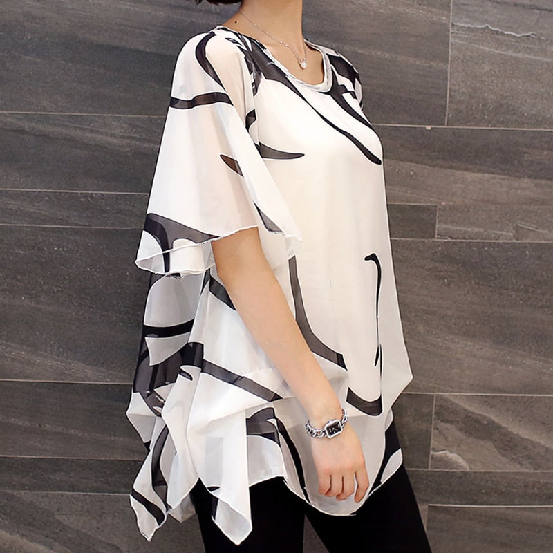 Short Sleeve Summer Tops Print Chiffon Blouse Shirt extra large size available