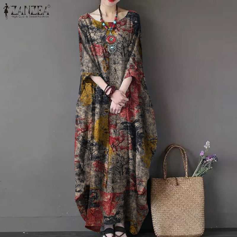 Vintage Women Sundress Casual Long Sleeve Printed Maxi Long Dress Kaftan Female Baggy Floral Vestidos Dresses
