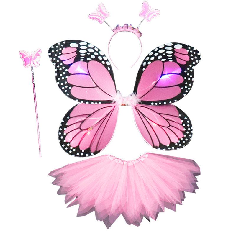 Adult Kids 4Pcs Fairy Costume Set LED Simulation Butterfly Wings Pointed Tutu Skirt Headband Wand Princess Girls Party Dress Up