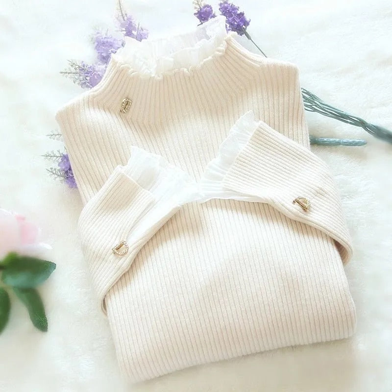 ong Sleeve Slim Turtleneck Knitted Pink Tops, Chic Ruffle Pullover with Fake 2 Pieces
