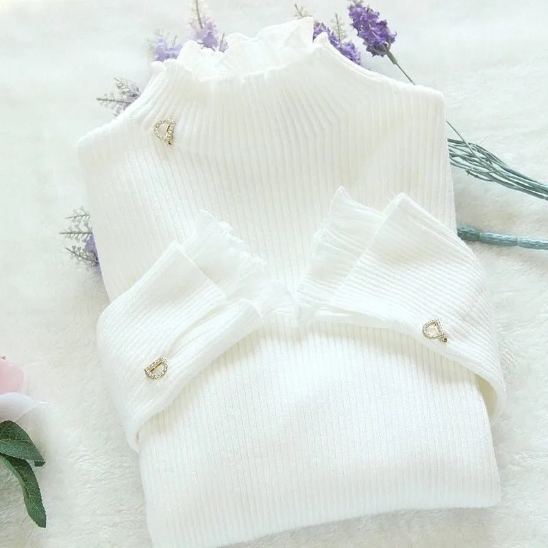 ong Sleeve Slim Turtleneck Knitted Pink Tops, Chic Ruffle Pullover with Fake 2 Pieces
