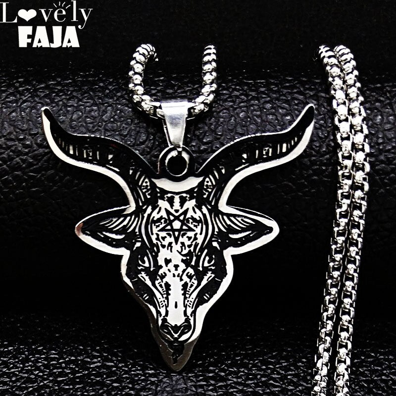 Silver Color Statement Necklace for Men Stainless Steel Satan Sheep Head Necklace Jewelry