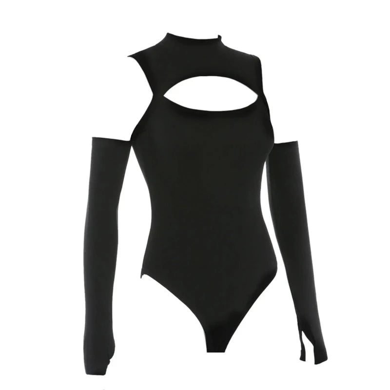 Women's Sexy Hollow Bodysuit 2024 Long Sleeved Off-shoulder Tops Solid Color Fashion Half High Collar Jumpsuit Bottoming Clothes