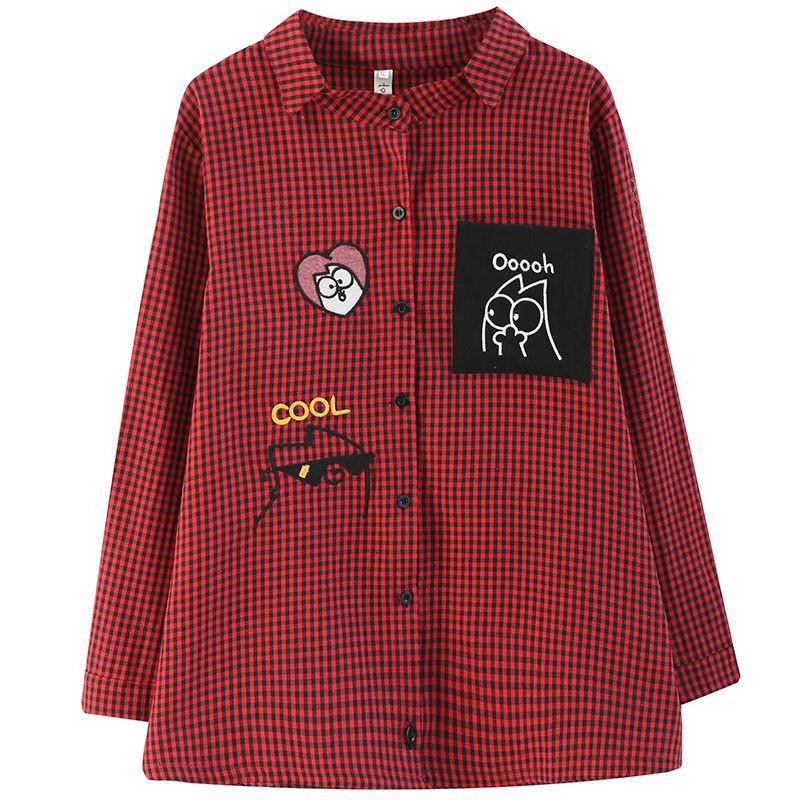Vintage Plaid Cartoon Embroidery Oversized Female Shirt - Women's Casual Shirt in New 2023 Korean Style