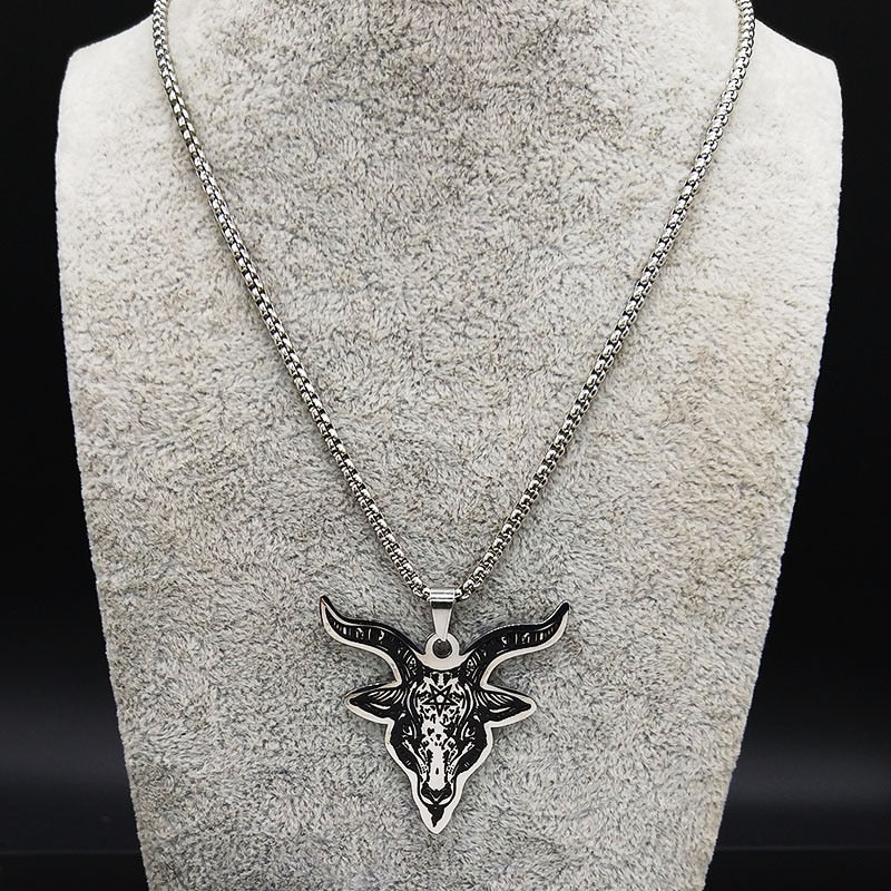 Silver Color Statement Necklace for Men Stainless Steel Satan Sheep Head Necklace Jewelry