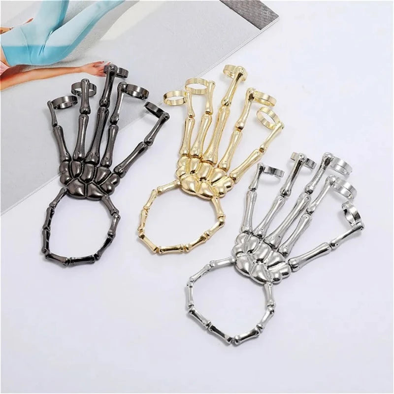 New Unique Punk Skeleton Hand Bone Versatile Five Finger Ring Bracelet Adjustable One Chain Bracelet Halloween Bracelet Unisex