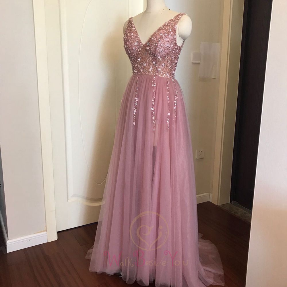Beading Prom cocktail Dresses 2023 Plus Size Pink High Split Tulle Sweep Train Sleeveless Evening Gown A-line Lace Up Backless Vestido De