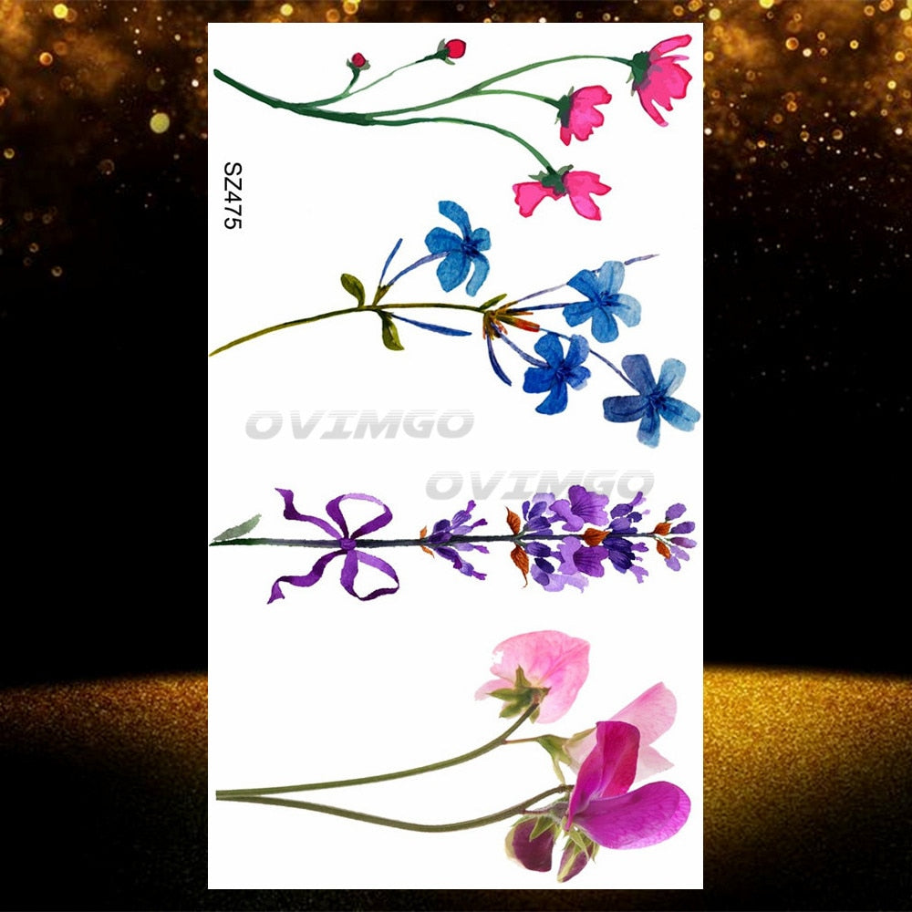 Small Purple Lavender Leaf Temporary Tattoos For Women Arm Clavicle Tatoo Sticker Watercolor Transferbale 3d Plants Tattoo Paper