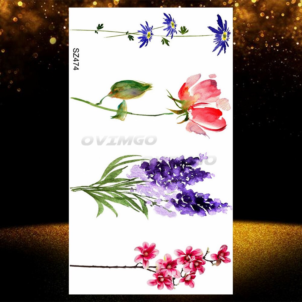 Small Purple Lavender Leaf Temporary Tattoos For Women Arm Clavicle Tatoo Sticker Watercolor Transferbale 3d Plants Tattoo Paper