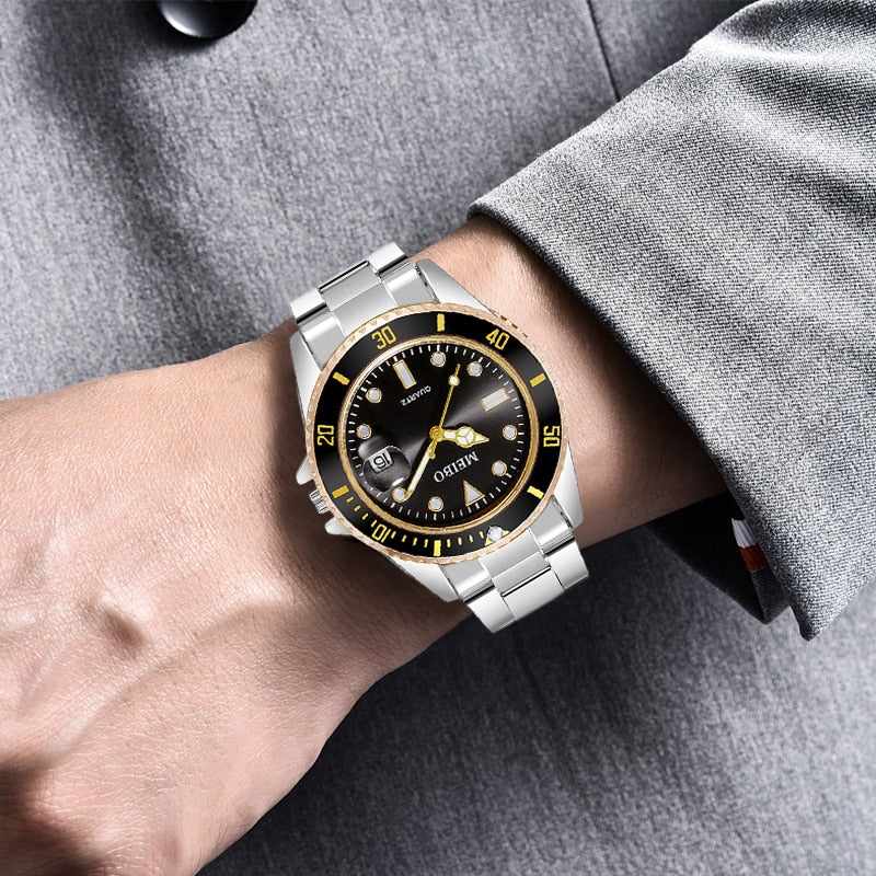 New Men's Watch Luxury Business Watch Blue Dial Date Watch Men Stainless Steel Band Fashion Male Wrist Watch Relogio Masculino