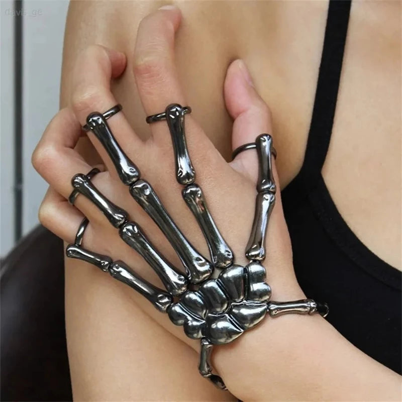 New Unique Punk Skeleton Hand Bone Versatile Five Finger Ring Bracelet Adjustable One Chain Bracelet Halloween Bracelet Unisex
