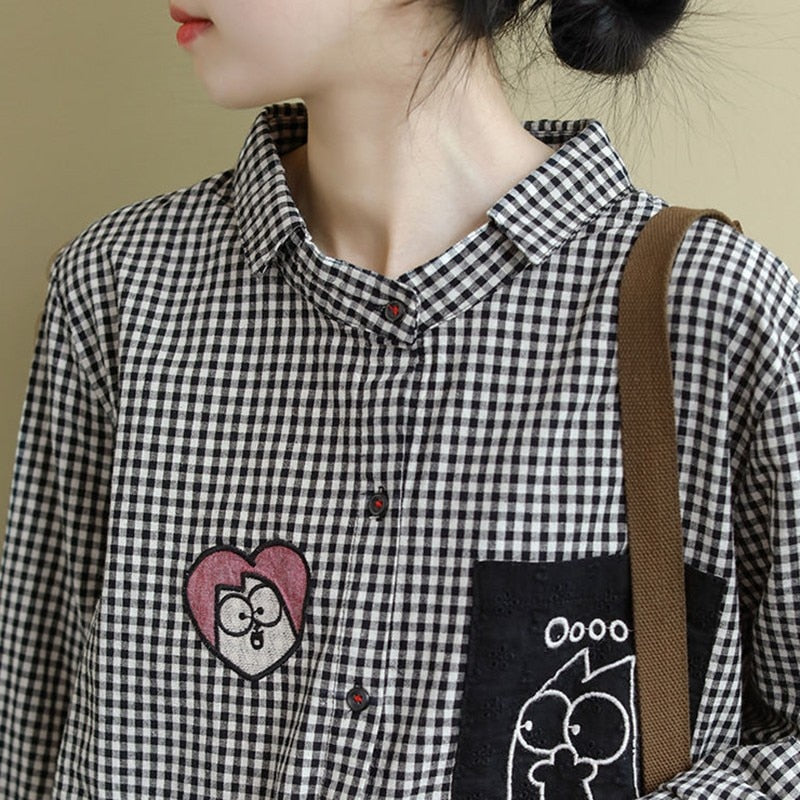 Vintage Plaid Cartoon Embroidery Oversized Female Shirt - Women's Casual Shirt in New 2023 Korean Style