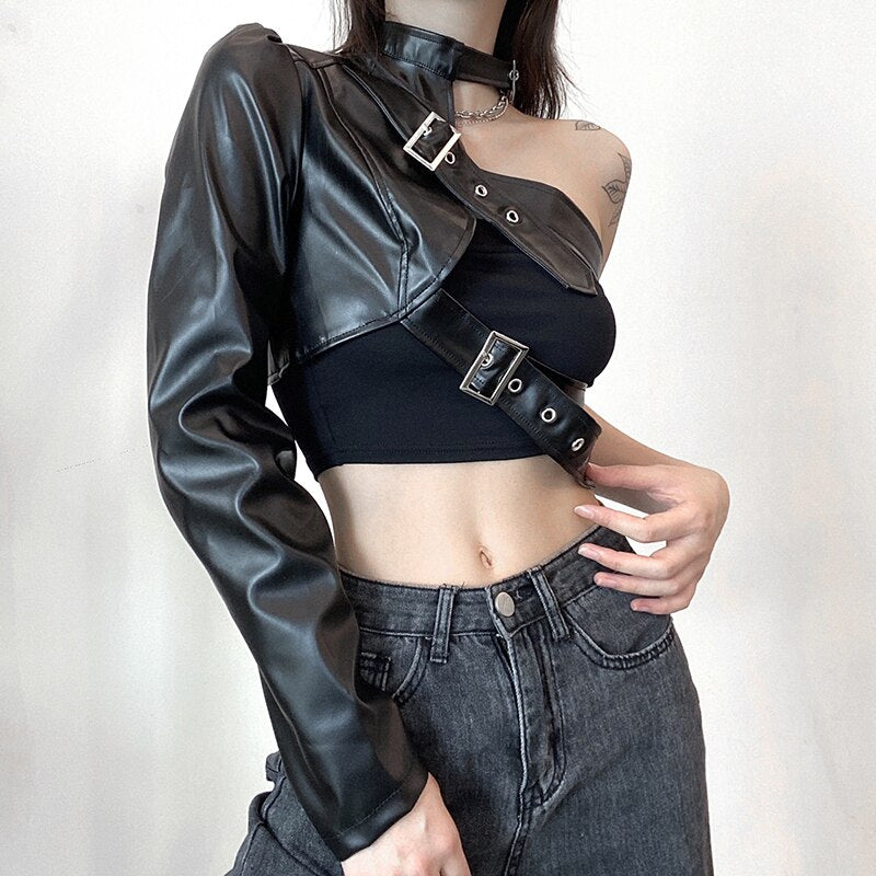 Hip Hop Fashion PU Leather Jacket Women Metal Buttons One shoulder Sexy Punk Streetwear Halter Crop Top Goth Techwear