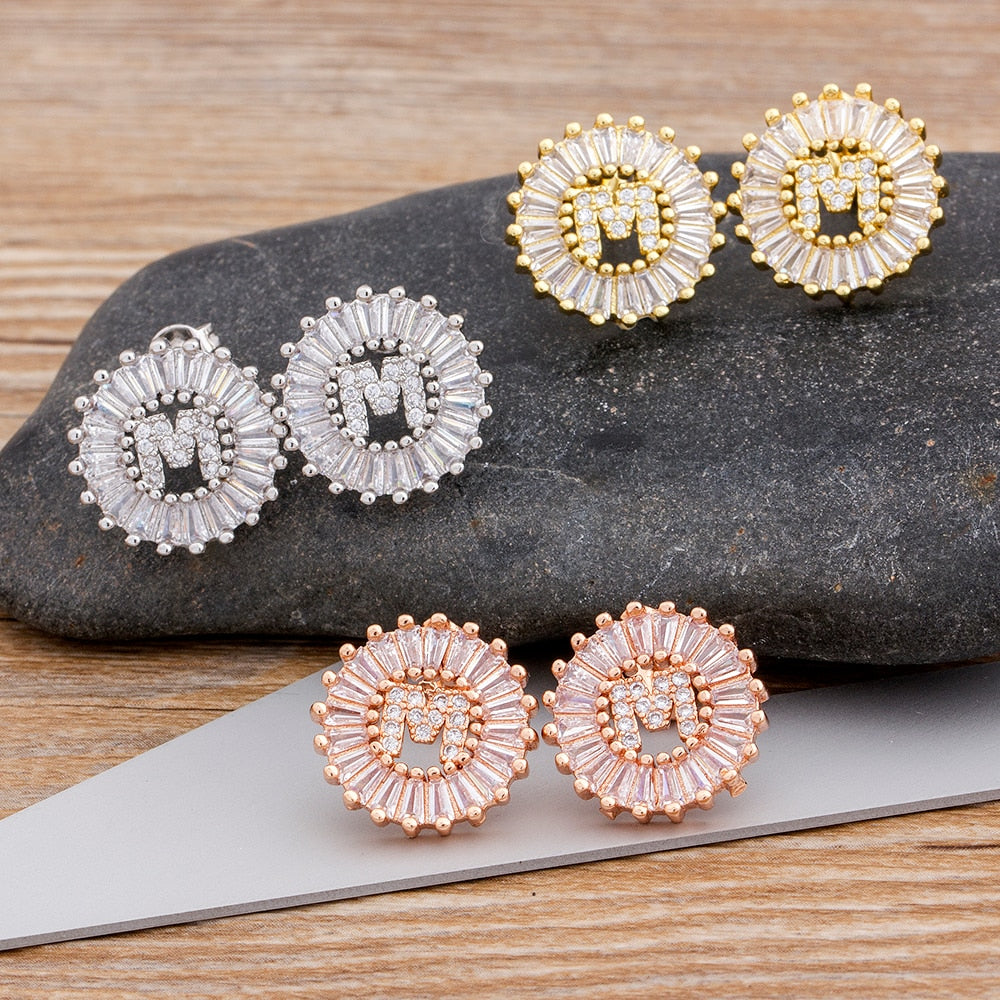 Hot Sale 26 Initial Letter Earrings Personal Gift for Women Cute Alphabet Zircon White/Rose Gold Stud Earrings Jewelry