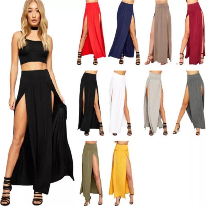 High Waisted Sexy Womens Double Slits Summer Solid Long Maxi Skirt