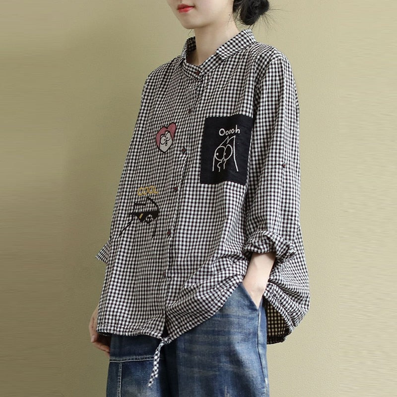 Vintage Plaid Cartoon Embroidery Oversized Female Shirt - Women's Casual Shirt in New 2023 Korean Style