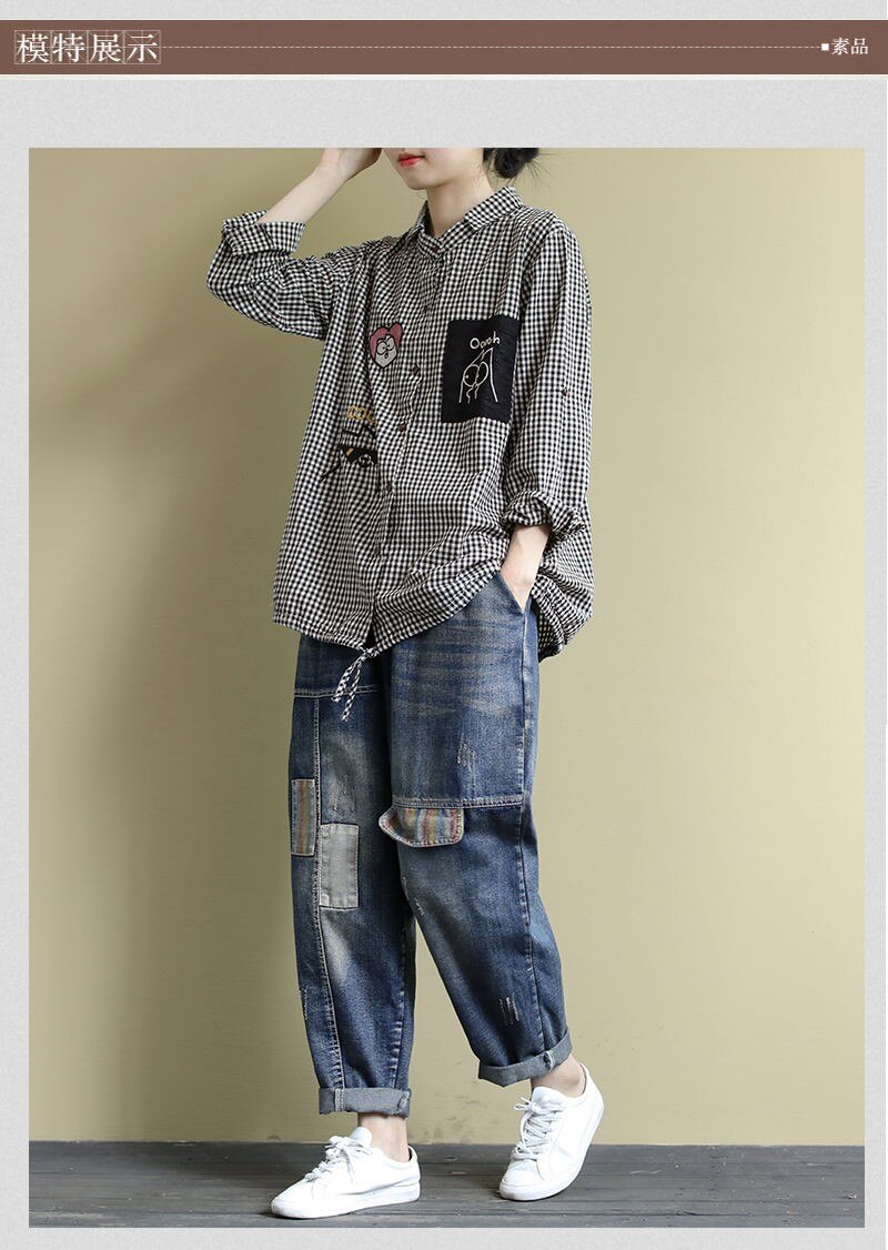 Vintage Plaid Cartoon Embroidery Oversized Female Shirt - Women's Casual Shirt in New 2023 Korean Style