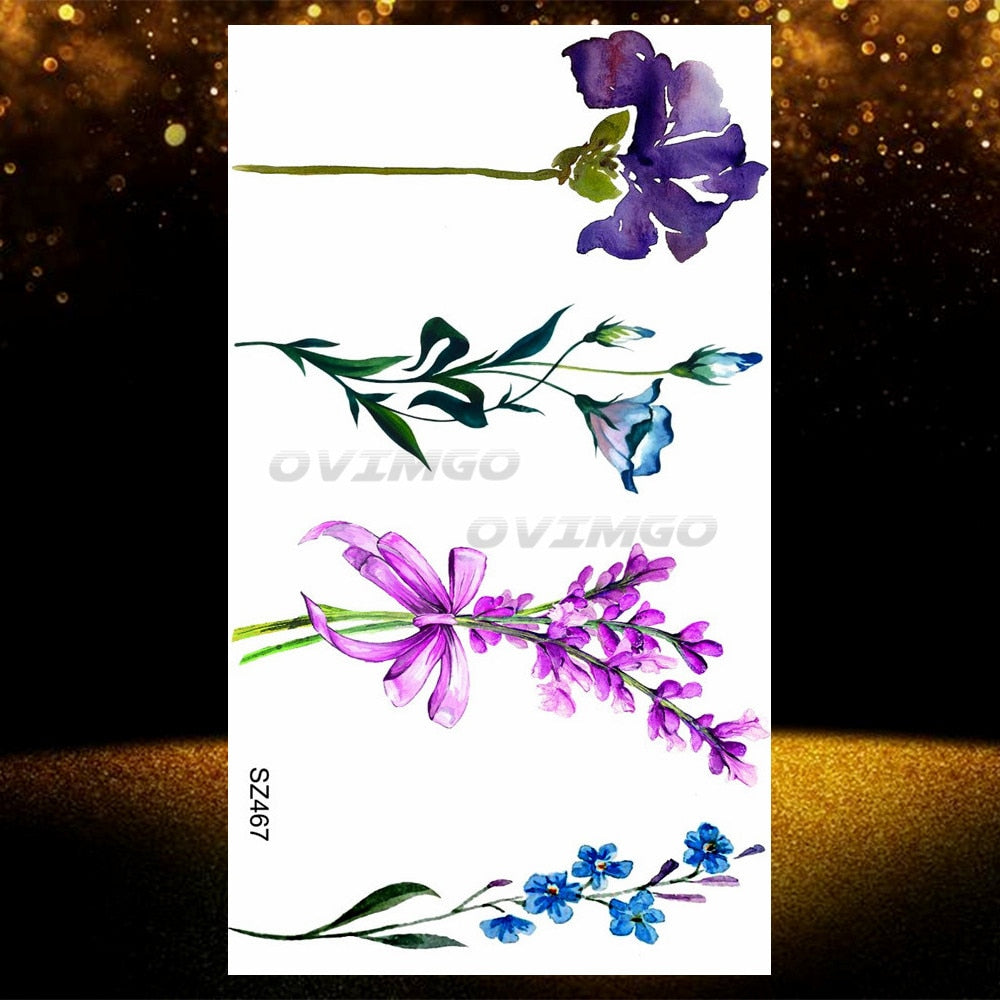 Small Purple Lavender Leaf Temporary Tattoos For Women Arm Clavicle Tatoo Sticker Watercolor Transferbale 3d Plants Tattoo Paper