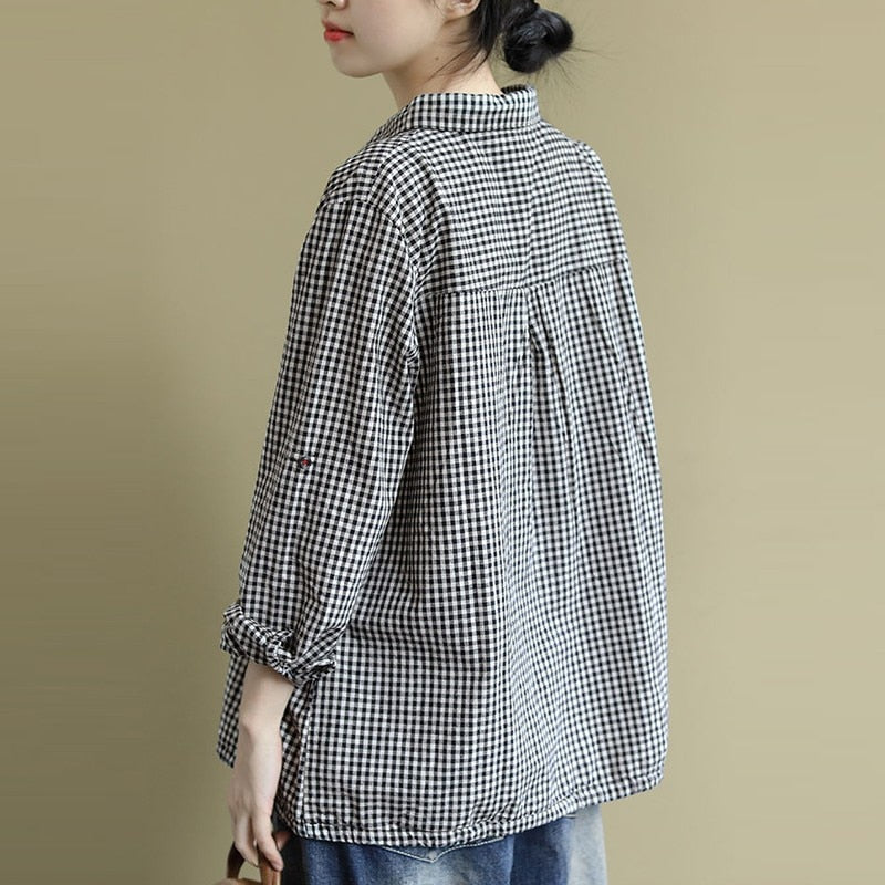 Vintage Plaid Cartoon Embroidery Oversized Female Shirt - Women's Casual Shirt in New 2023 Korean Style
