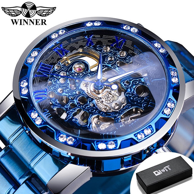 Winner Transparent Fashion Diamond Luminous Gear Movement Watch | Luxury brand Mechanical Skeleton Wristwatch