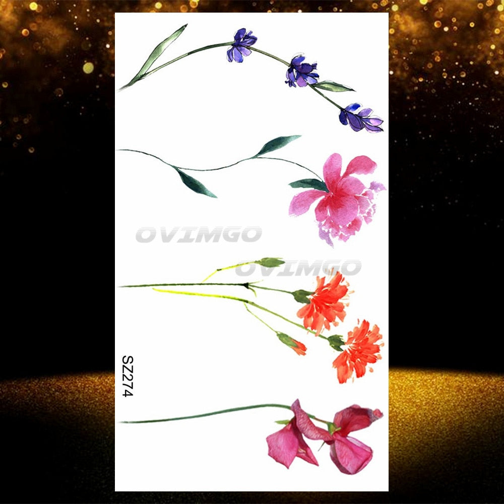 Small Purple Lavender Leaf Temporary Tattoos For Women Arm Clavicle Tatoo Sticker Watercolor Transferbale 3d Plants Tattoo Paper