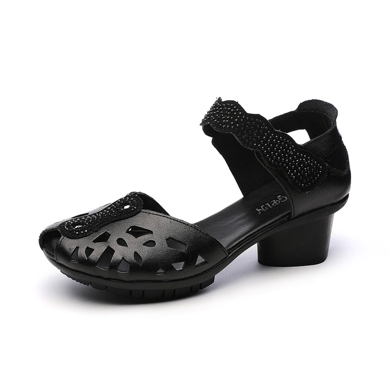 2023 Summer Genuine Leather Shoes Gladiator Sandals Women 5cm High Heels Classic Black Peep Toe Hollow Ladies Sandals