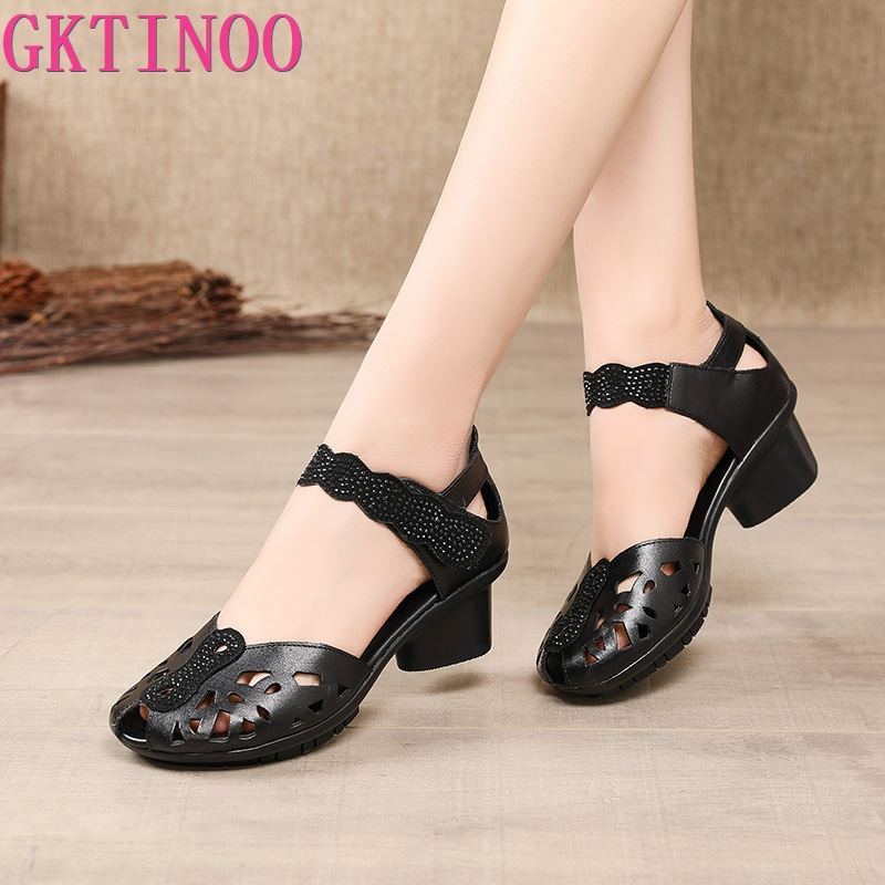 2023 Summer Genuine Leather Shoes Gladiator Sandals Women 5cm High Heels Classic Black Peep Toe Hollow Ladies Sandals
