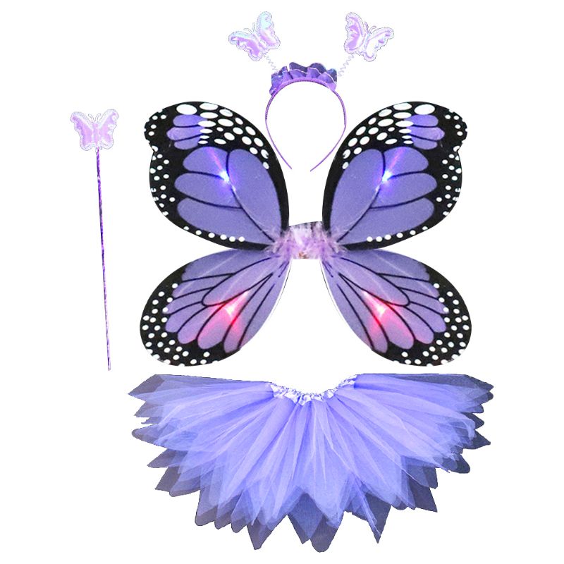 Adult Kids 4Pcs Fairy Costume Set LED Simulation Butterfly Wings Pointed Tutu Skirt Headband Wand Princess Girls Party Dress Up