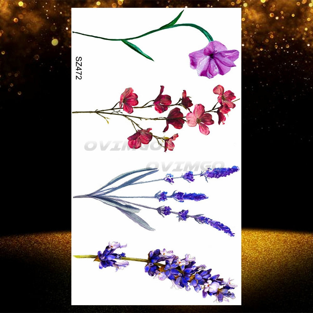 Small Purple Lavender Leaf Temporary Tattoos For Women Arm Clavicle Tatoo Sticker Watercolor Transferbale 3d Plants Tattoo Paper