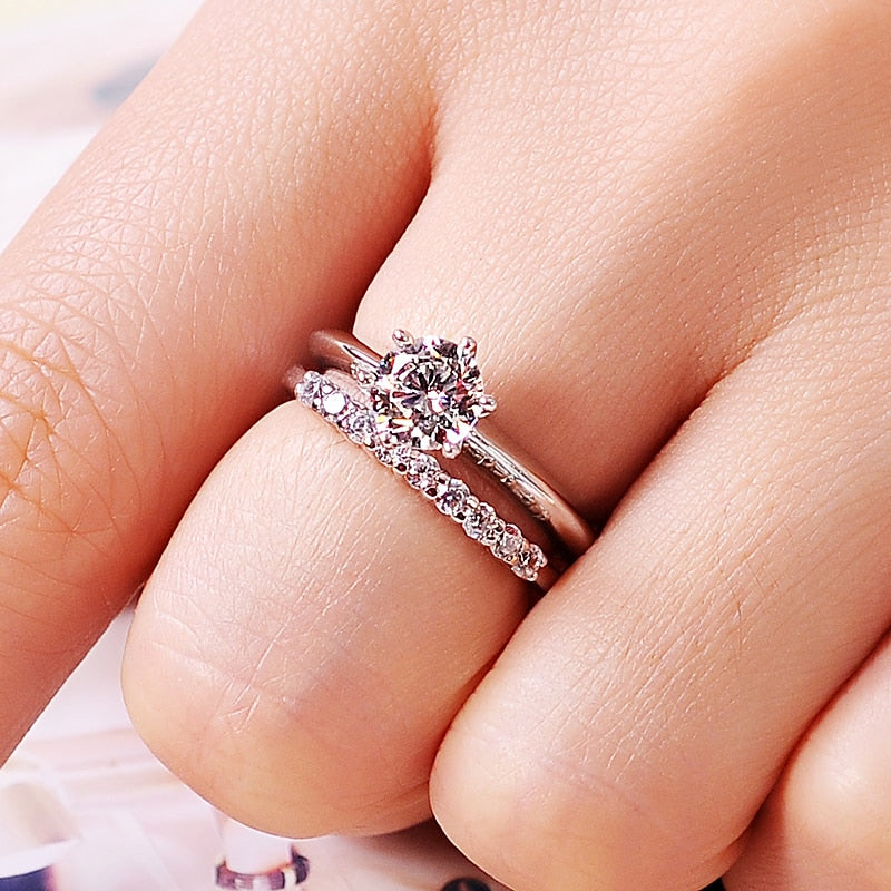 Luxury 1.5Ct Zircon Rings Set Solid White Tibetan Silver Wedding Band Set for Women Stackable Ring Allergy Free Jewelry