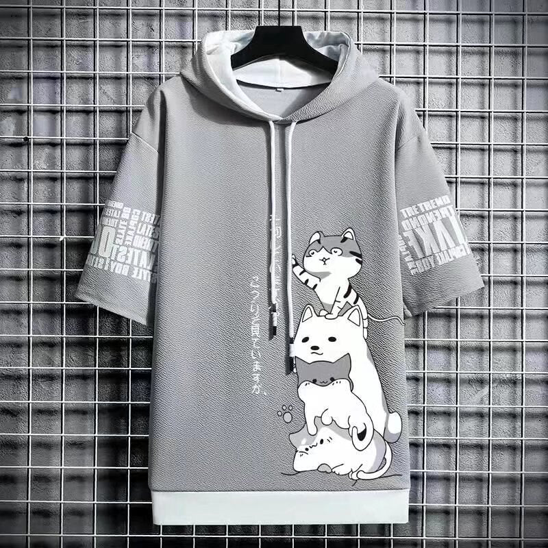 Men's Harajuku Streetwear Hoodies, Summer Cartoon Print Short Sleeve Sweatshirts, Casual Hooded Top, Japan Fashion Men's Clothing