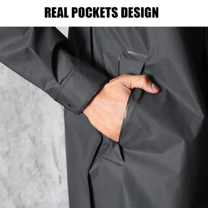 Fashionable Waterproof Long Raincoat Trench Coat for Adults Black Hooded Raincoat for Women and Men, Ideal for Outdoor Hiking, Travel, Fishing, and Climbing with Thickened Material