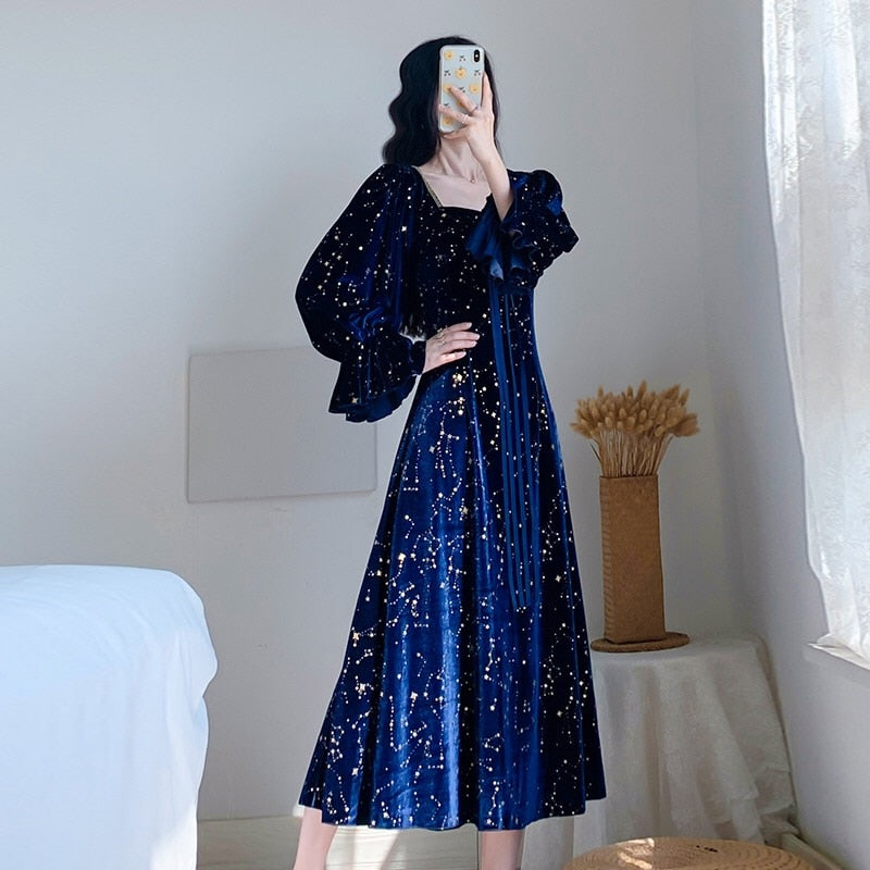 Vintage Party Dress Women Evening French Elegant Retro Dress Female Casual Long Sleeve Flroal Midi Dress Korean 2023 Autumn Chic