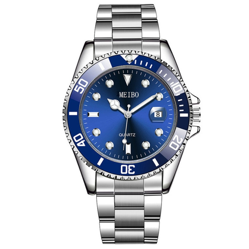New Men's Watch Luxury Business Watch Blue Dial Date Watch Men Stainless Steel Band Fashion Male Wrist Watch Relogio Masculino