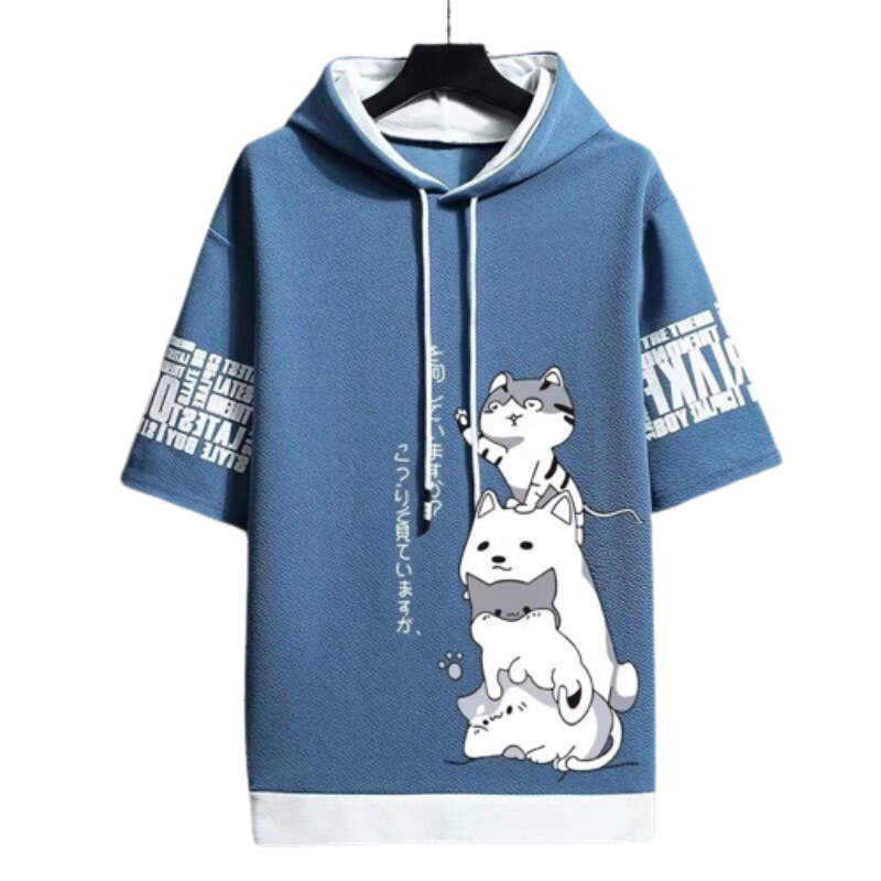 Men's Harajuku Streetwear Hoodies, Summer Cartoon Print Short Sleeve Sweatshirts, Casual Hooded Top, Japan Fashion Men's Clothing