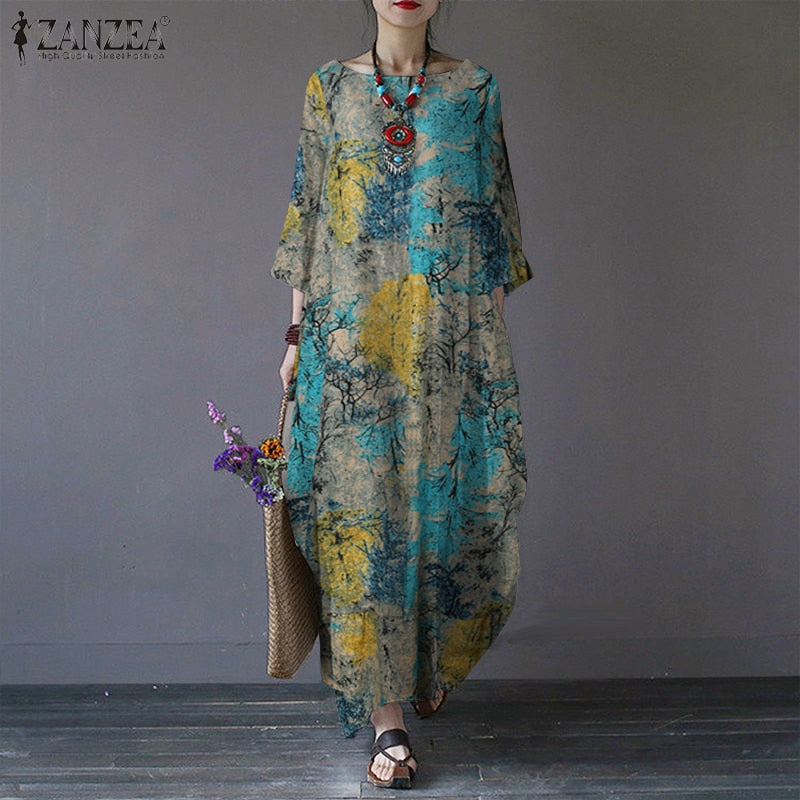 Vintage Women Sundress Casual Long Sleeve Printed Maxi Long Dress Kaftan Female Baggy Floral Vestidos Dresses