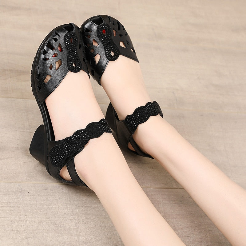 2023 Summer Genuine Leather Shoes Gladiator Sandals Women 5cm High Heels Classic Black Peep Toe Hollow Ladies Sandals