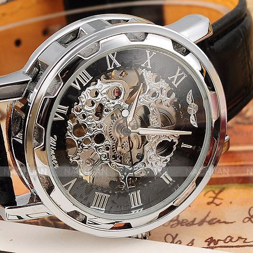 New hot sale skeleton hollow fashion mechanical hand wind men luxury male business leather strap Wrist Watch relogio