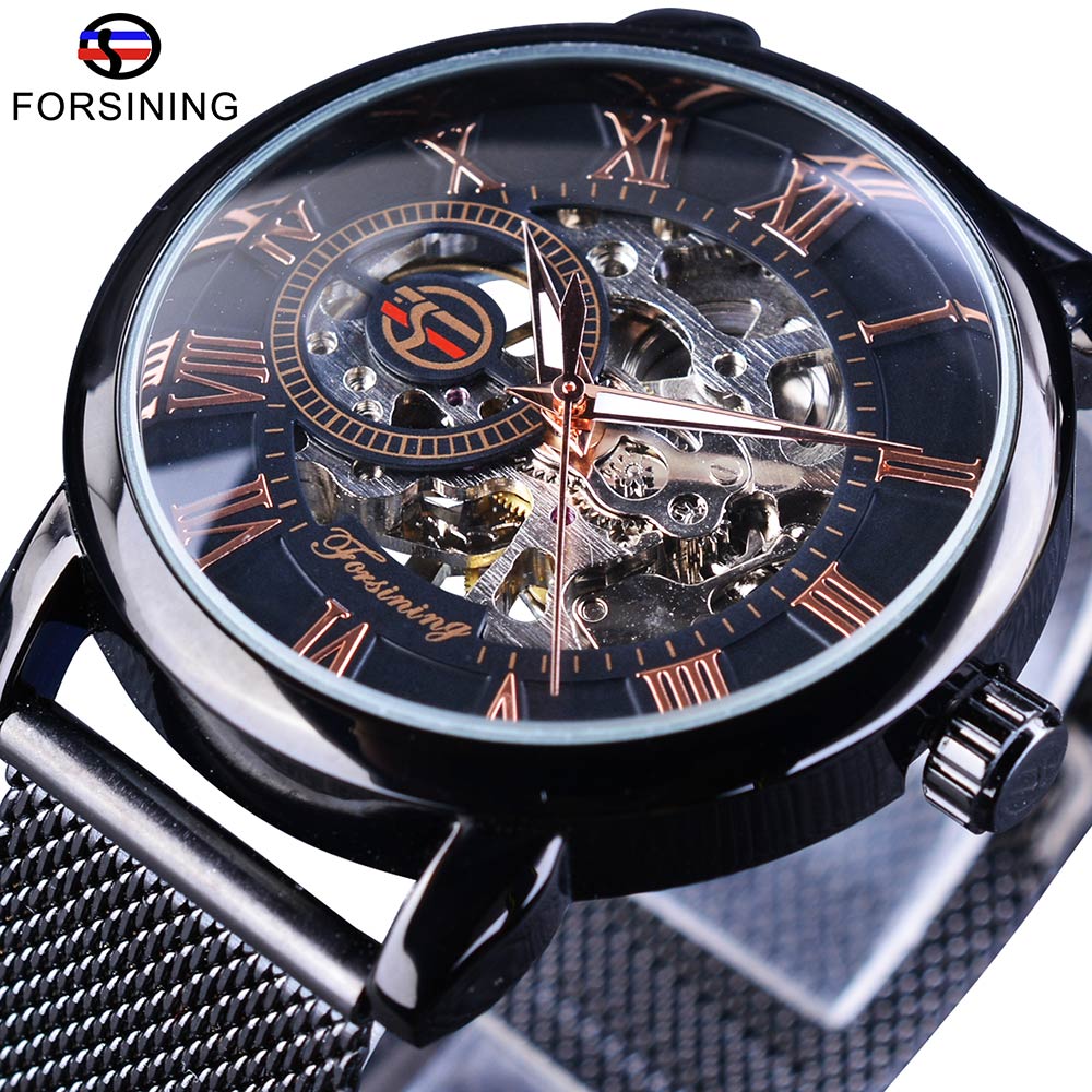 Skeleton Luxury Mechanical Wristwatch | Forsining Transparent Case Fashion 3D Logo Engraving Men's Watch