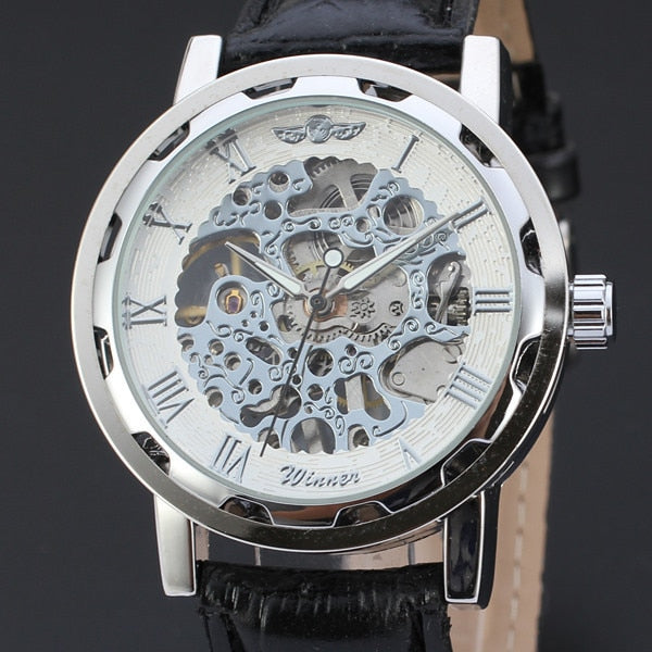 New hot sale skeleton hollow fashion mechanical hand wind men luxury male business leather strap Wrist Watch relogio