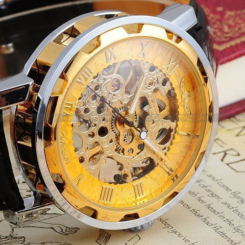 New hot sale skeleton hollow fashion mechanical hand wind men luxury male business leather strap Wrist Watch relogio