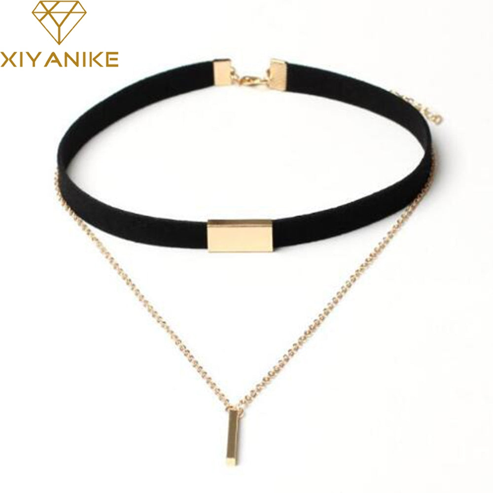 New Black Velvet Choker Necklace Gold Chain Bar Chokers Necklace