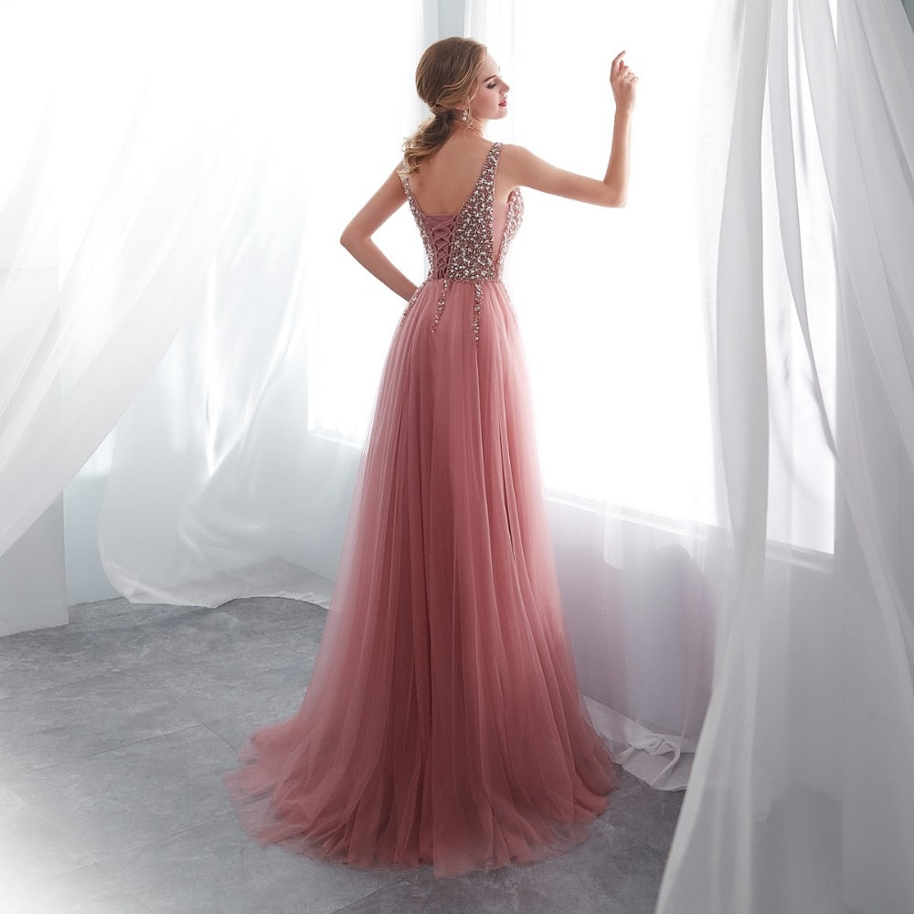 Beading Prom cocktail Dresses 2023 Plus Size Pink High Split Tulle Sweep Train Sleeveless Evening Gown A-line Lace Up Backless Vestido De
